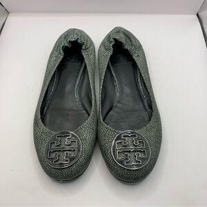 Tory Burch Gray Flats with Silver Logo